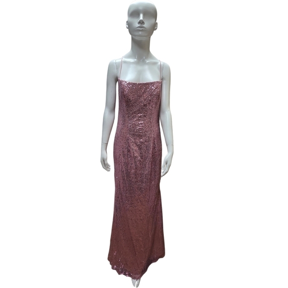 Dresses & Skirts - Elegant Pink Long Sequin Dress With Open Criss Cross Back And Removable Bow